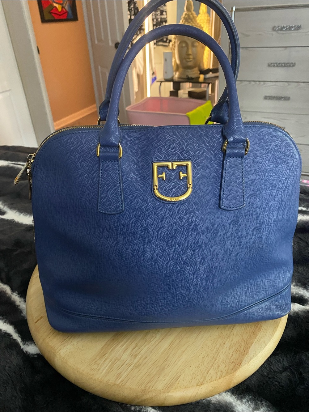 Furla Navy Blue Dome Satchel with Gold Hardware